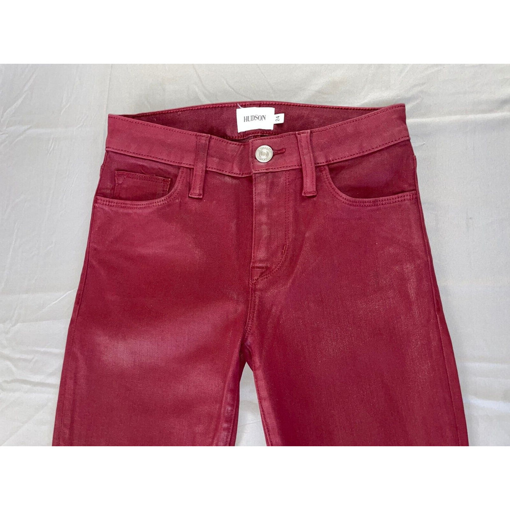 Hudson Coated Faux Leather 5-Pocket Stretch Crop Skinny Jeans. Red, Women's 24. - Picture 2 of 5